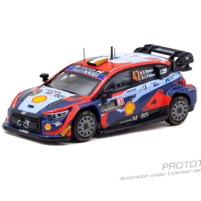 Modelo de carro de rali Hyundai em miniatura colorido com logótipos e texto PROTOTYPE