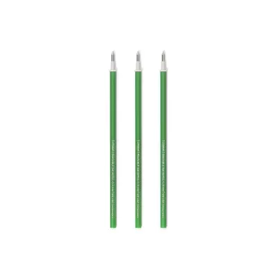 Três recargas de tinta verde para caneta com ponta de metal e texto branco.