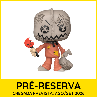 Figura Funko Pop personagem com cabeça cinza riscada, roupa laranja e marreta vermelha.