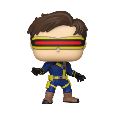 Figura Funko Pop do personagem Ciclope com fato azul e máscara amarela e vermelha