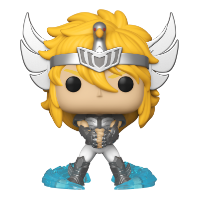 Figura Funko Pop com capacete e armadura cinza e branca, cabelo amarelo, em base azul