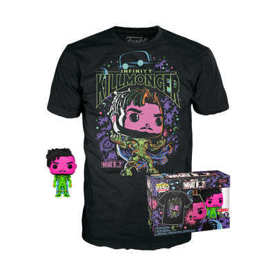 Camiseta preta Killmonger com boneco de vinil e caixa temática