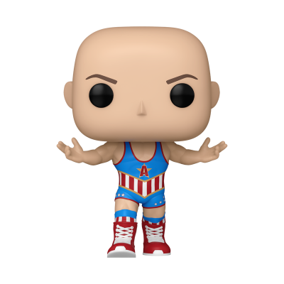 Figura colecionável Funko Pop de lutador careca com fato colorido e botas vermelhas.