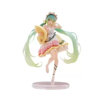Figura colecionável de personagem feminina com vestido amarelo e cabelo comprido verde e azul