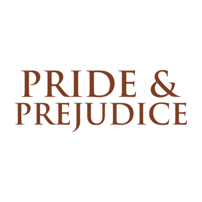 Texto PRIDE & PREJUDICE em castanho sobre fundo branco