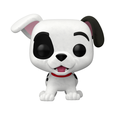 Figura colecionável de cachorro branco com orelhas de cores diferentes e coleira vermelha
