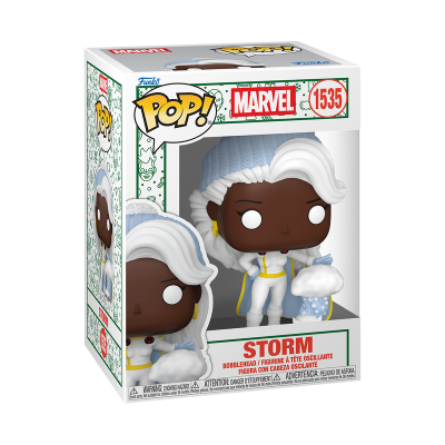 Boneco POP! Marvel Storm nº 1535 com roupa branca e gorro azul na embalagem