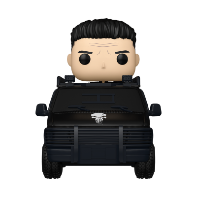 Figura Funko Pop num veículo preto com símbolos brancos no capô.