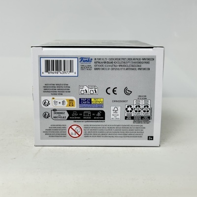 Caixa branca de produto Funko com código de barras e instruções de reciclagem