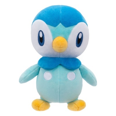 Pelúcia de personagem azul e branco com bico amarelo e olhos grandes