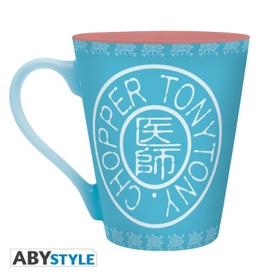 Caneca azul com texto branco e interior vermelho