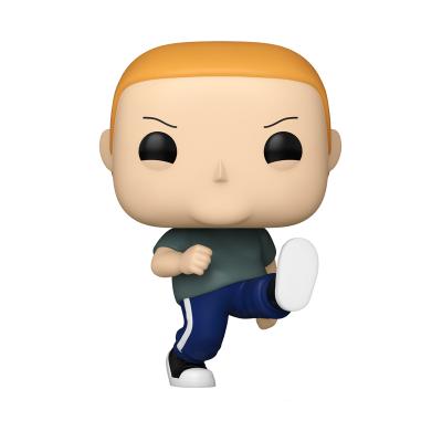 Figura de vinil estilo Funko Pop com roupa casual numa pose de chute