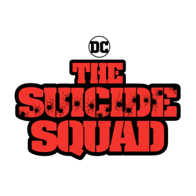Logótipo DC THE SUICIDE SQUAD em vermelho com buracos de bala