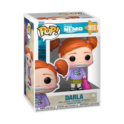Figura Funko Pop Darla Finding Nemo com suéter lilás e saia xadrez na embalagem