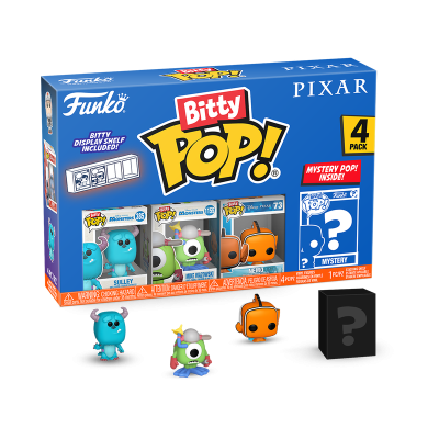 Pack Funko Bitty Pop! Pixar com 4 figuras coloridas e uma figura misteriosa em caixa preta