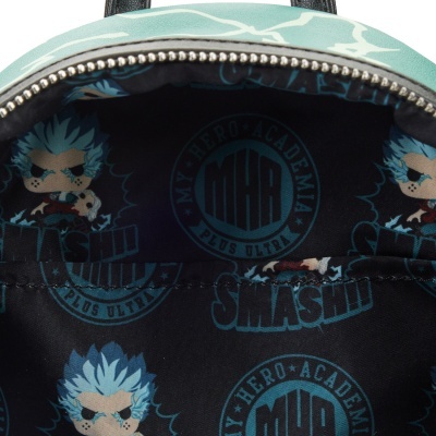 Interior de mochila preto com estampado azul de personagens e texto