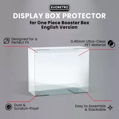 Caixa protetora transparente para caixa de booster One Piece com texto e características visíveis