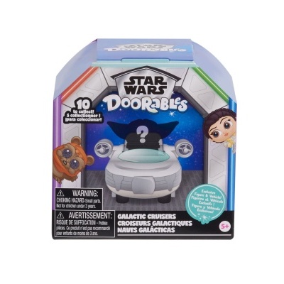 Caixa azul e cinza do brinquedo Star Wars Doorables com imagens de personagens e texto