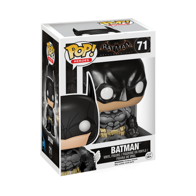 Boneco Funko Pop! Batman com máscara preta, fato cinzento e cinto amarelo numa caixa preta e branca