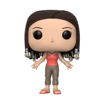 Figura Funko Pop com cabelo castanho e roupas cor-de-rosa e castanhas