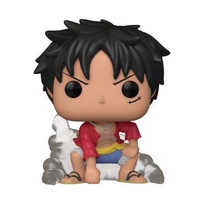 Figura Funko Pop de Monkey D. Luffy sentado com roupas vermelhas e azuis e nuvens de fumo