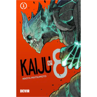 Capa de banda desenhada 'KAIJU No 8' com criatura monstruosa em tons verdes e cinzentos.