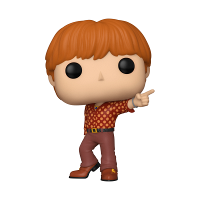 Figura Funko Pop com cabelo ruivo e roupa vermelha e castanha apontando