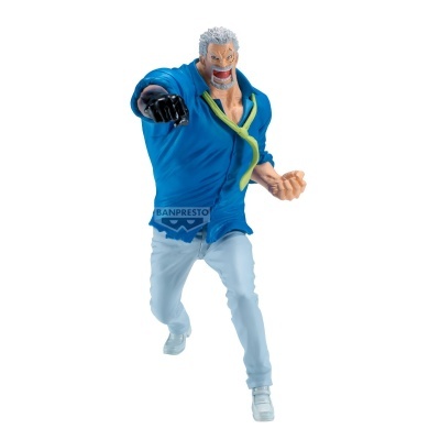 Figura de ação de personagem masculino com roupa azul e calças brancas em pose dinâmica