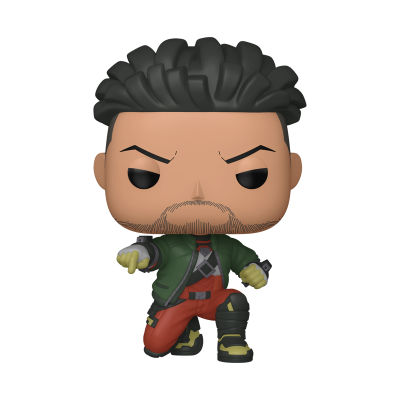Figura de ação estilo Funko Pop com jaqueta verde e calças vermelhas