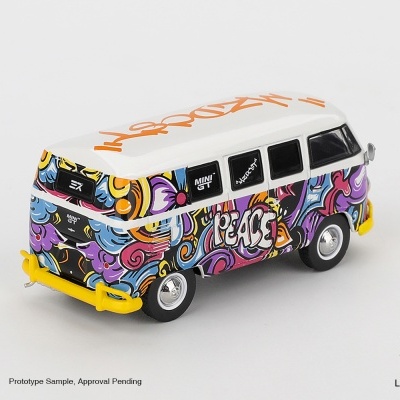 Miniatura de carrinha com pintura colorida psicadélica e texto PEACE