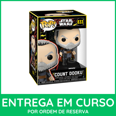 Funko Pop! Star Wars Count Dooku número 833 em caixa com fundo verde e texto de entrega