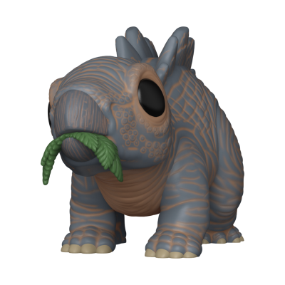 Figura de dinossauro azul com olhos grandes e folha verde na boca