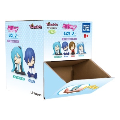 Caixa de exibição azul claro para figuras Lil Sleepers Vol. 2 com imagens dos personagens Hatsune Miku e Kaito sentados a dormir.