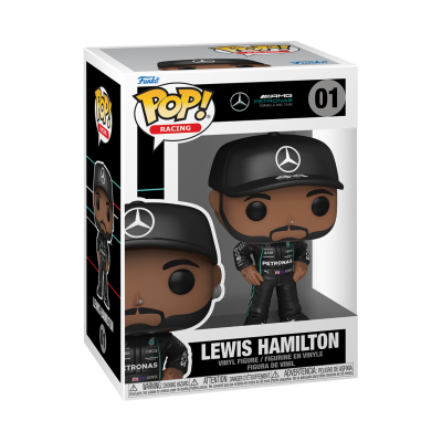 Funko Pop! figura de vinil de Lewis Hamilton com fato de corrida preto e boné Mercedes-AMG Petronas na embalagem