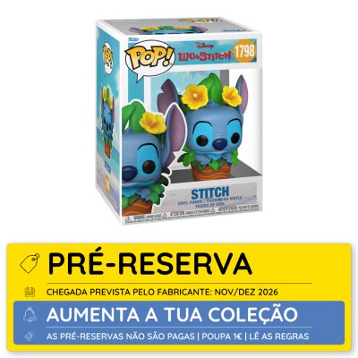 Figura Funko Pop! do Stitch com flores amarelas e folhas verdes dentro de caixa com etiqueta de pré-reserva.