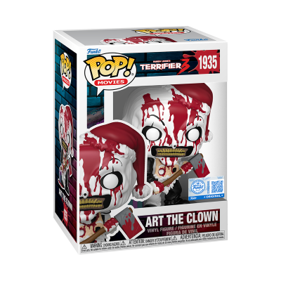 Figura Funko Pop! Art The Clown com pintura branca e vermelha e roupa preta dentro de caixa temática de Terrifier 3