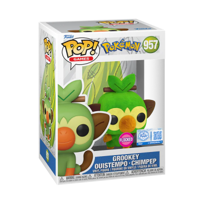 Funko Pop! Games Grookey Pokémon vinil na caixa branca com texto e número 957