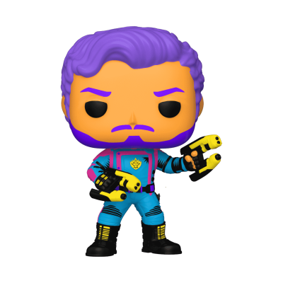 Figura Funko Pop de personagem com cabelo roxo e roupas azuis e pretas segurando armas.