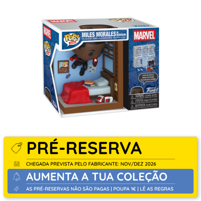 Figura colecionável Funko Pop! Miles Morales em cenário de quarto, caixa de exposição com logotipos Marvel e Funko