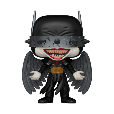 Figura Funko Pop com máscara preta, asas, faixa de rebites e boca com dentes ensanguentados