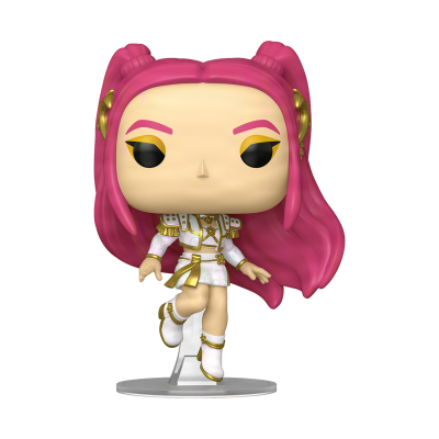 Figura colecionável Funko Pop de personagem com cabelo rosa e roupa branca e dourada