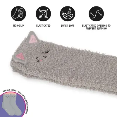 Meias cinzentas felpudas com orelhas cor-de-rosa e desenho de rosto de gato