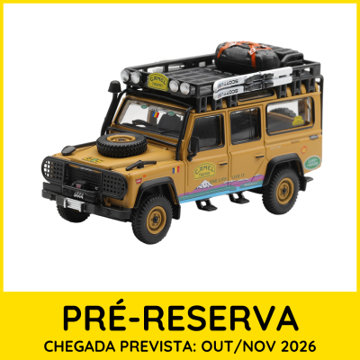 Miniatura de Land Rover Defender amarelo com acessórios e texto de pré-reserva em amarelo