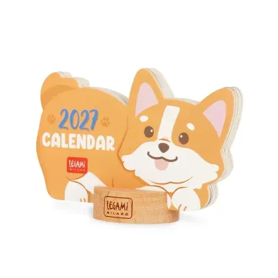 Calendário de secretária em forma de cão com base em madeira.