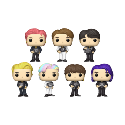 Sete figuras Funko Pop com diferentes cores de cabelo e roupas, todas segurando placas com texto