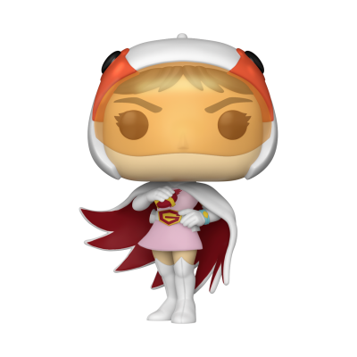Boneco Funko Pop personagem vestido rosa e capa vermelha com capacete branco