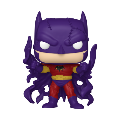 Figura Funko Pop do Batman em cores roxo, vermelho e amarelo com capa e máscara.