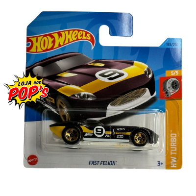 Miniatura Hot Wheels Fast Felion preto e amarelo na embalagem
