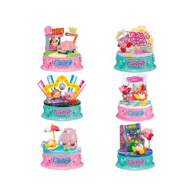 Figuras de brinquedo Kirby em bases coloridas com cenas detalhadas e texto visível