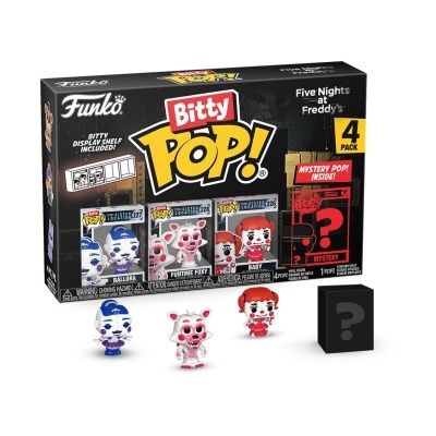 Embalagem Funko Bitty Pop! Five Nights at Freddy's com quatro figuras pequenas coloridas e caixa preta de figura surpresa.